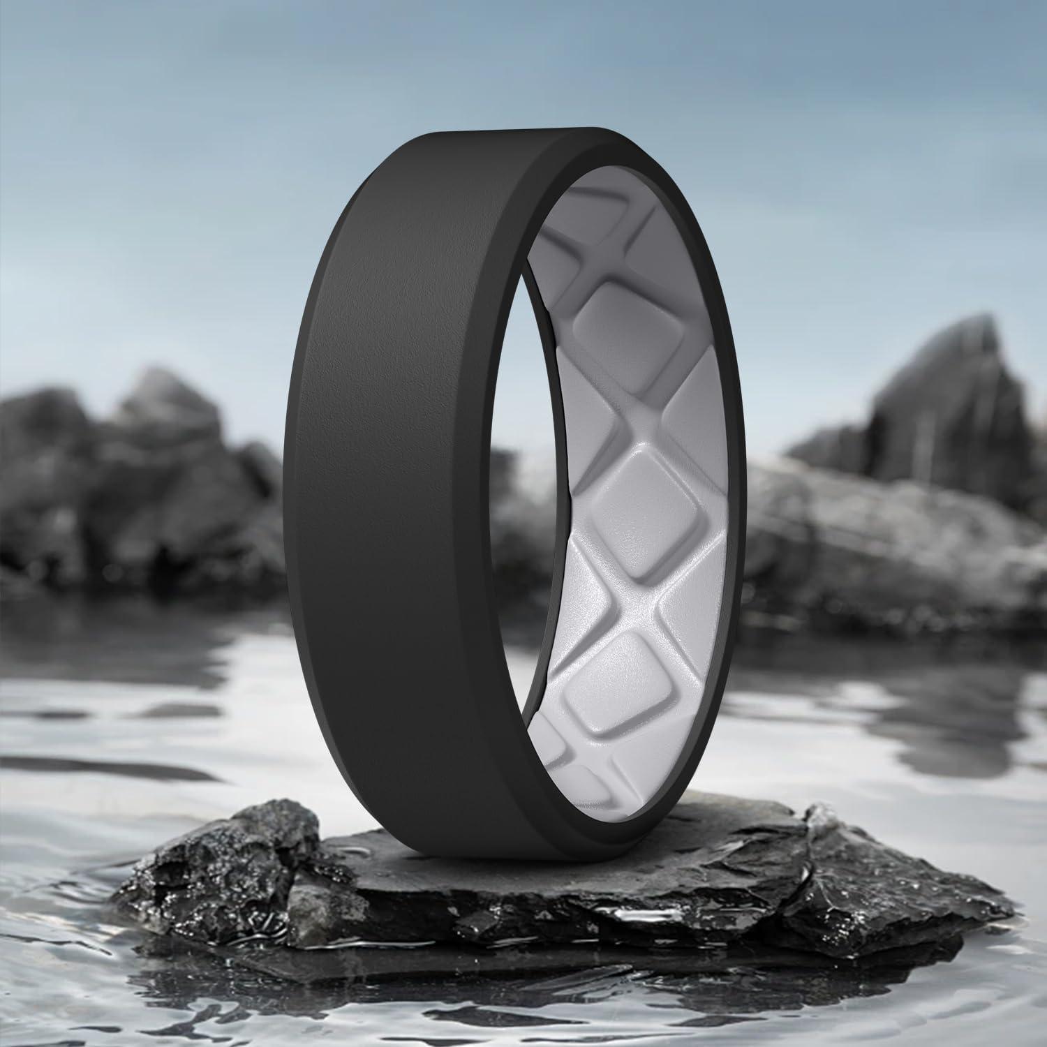 imageEgnaro Mens Silicone Rings 75mm Wide 25mm Thick Rubber Bands For Him Ergonomic Beveled Edge Two Tone Waterproof Workout AccessoriesSETC1BlackLight Gray