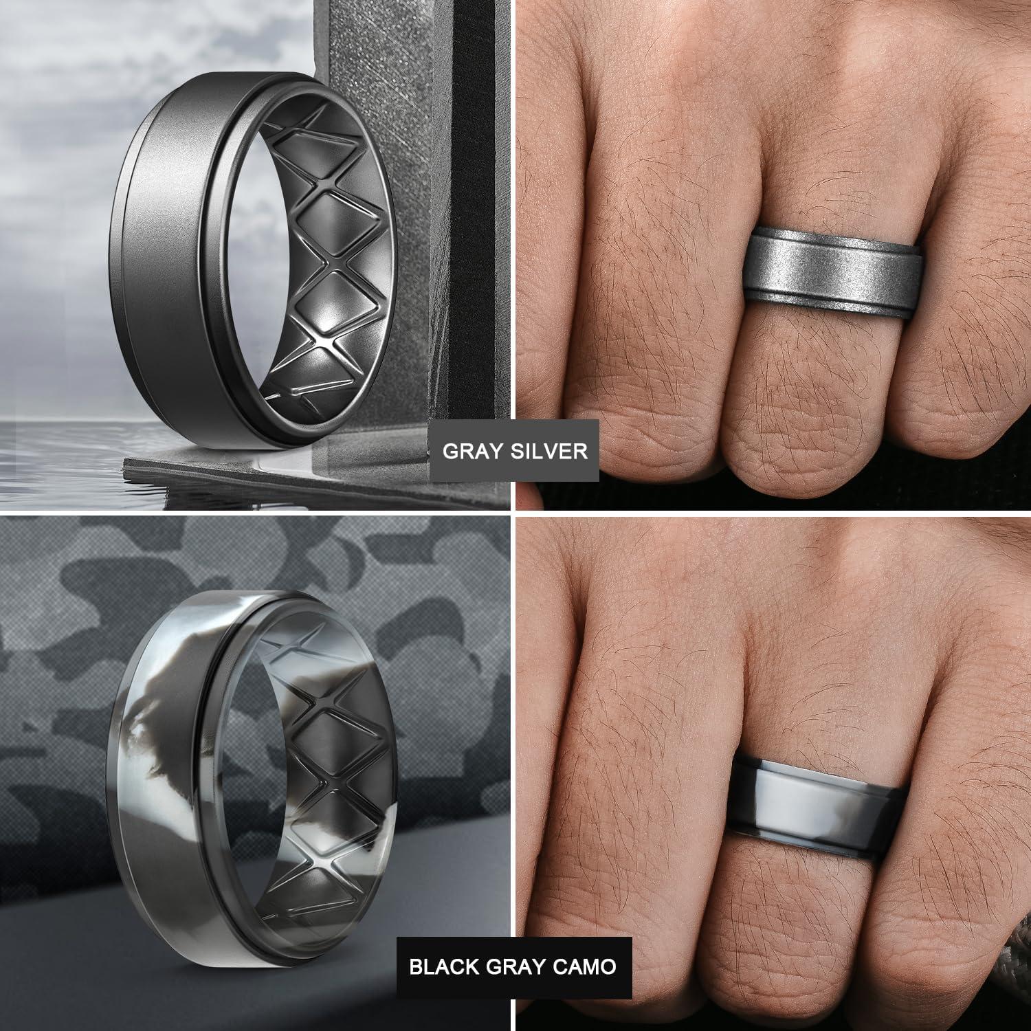 imageEgnaro Mens Silicone Wedding Rings 8mm x 2mm Step Edge Rubber Engagement Bands 147 Multipack Comfort For Workout TravelC2Black Black Gray Dark Silver Black Gray Camo