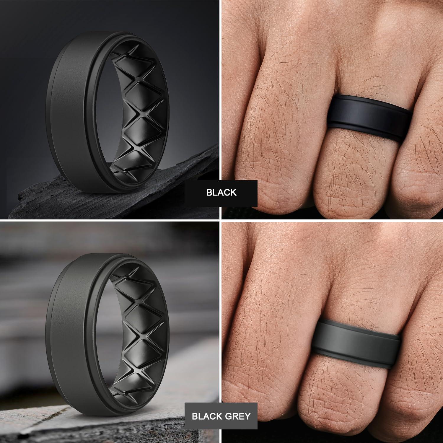 imageEgnaro Mens Silicone Wedding Rings 8mm x 2mm Step Edge Rubber Engagement Bands 147 Multipack Comfort For Workout TravelC2Black Black Gray Dark Silver Black Gray Camo