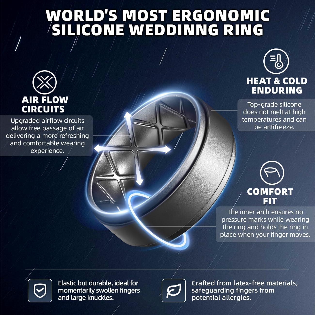 imageEgnaro Mens Silicone Wedding Rings 8mm x 2mm Step Edge Rubber Engagement Bands 147 Multipack Comfort For Workout TravelC5Dark Silver Olive Green Dark Gray Black