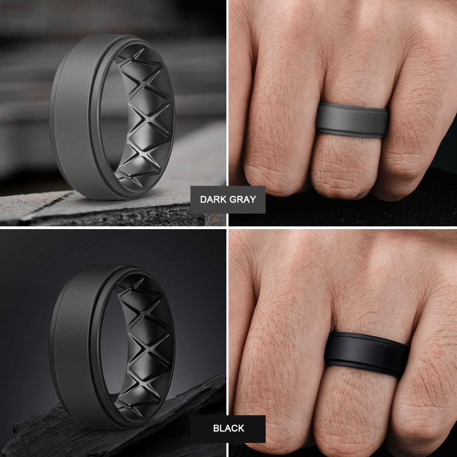 imageEgnaro Mens Silicone Wedding Rings 8mm x 2mm Step Edge Rubber Engagement Bands 147 Multipack Comfort For Workout TravelC5Dark Silver Olive Green Dark Gray Black