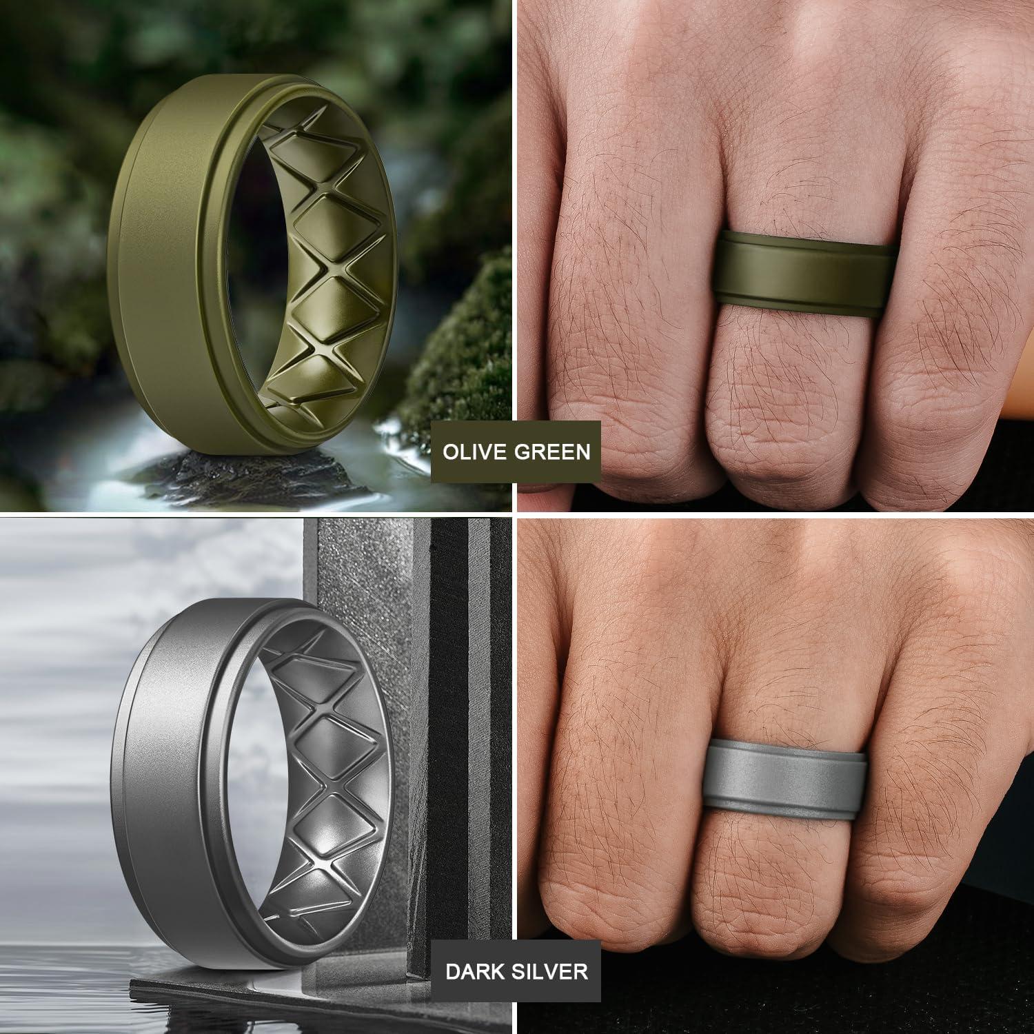 imageEgnaro Mens Silicone Wedding Rings 8mm x 2mm Step Edge Rubber Engagement Bands 147 Multipack Comfort For Workout TravelC5Dark Silver Olive Green Dark Gray Black