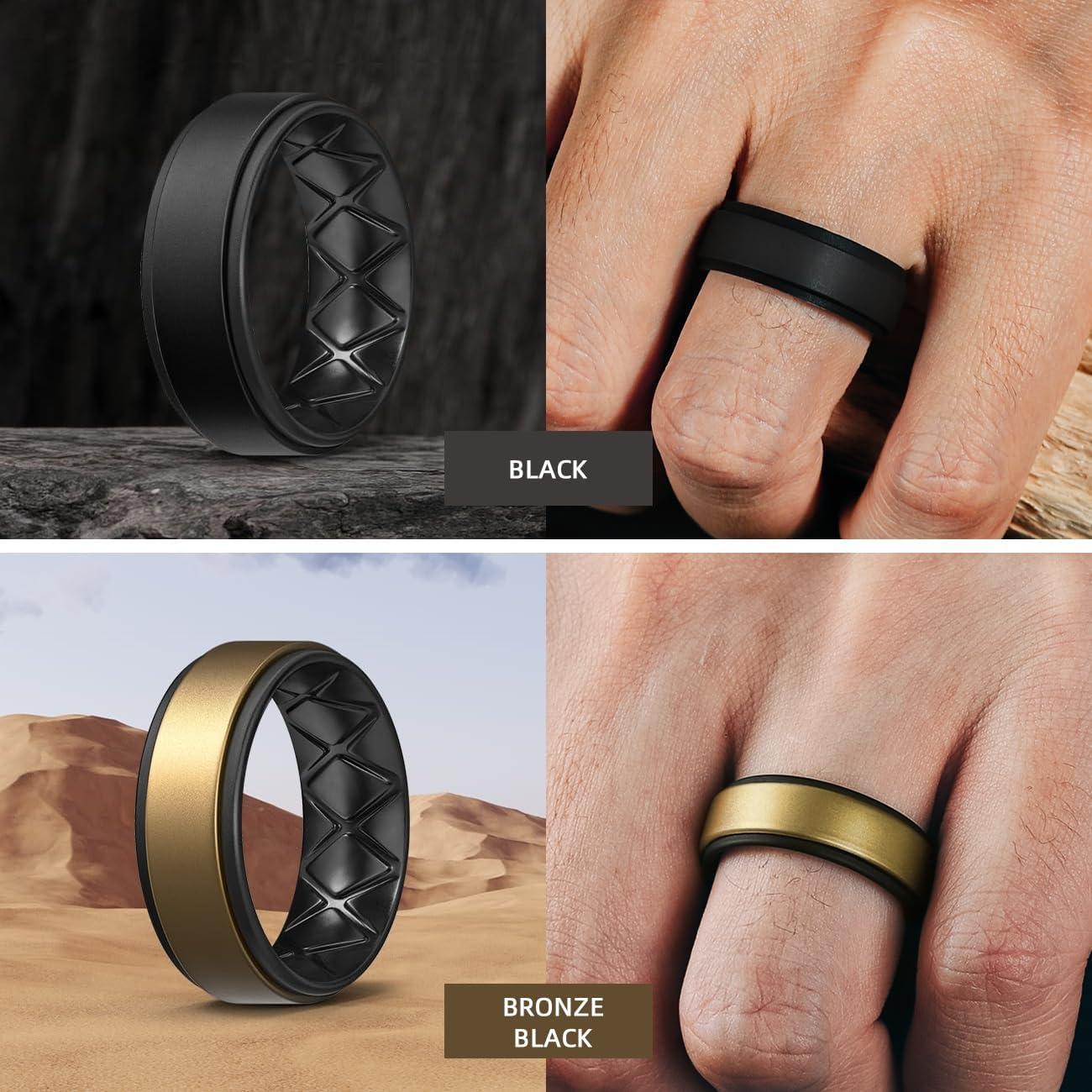 imageEgnaro Silicone Rings for Men 14567 Multipack of Breathable Mens Silicone Rubber Wedding Rings Bands Step EdgeSETABlack Black Dark Silver Black Black Dark Silver Bronze Black