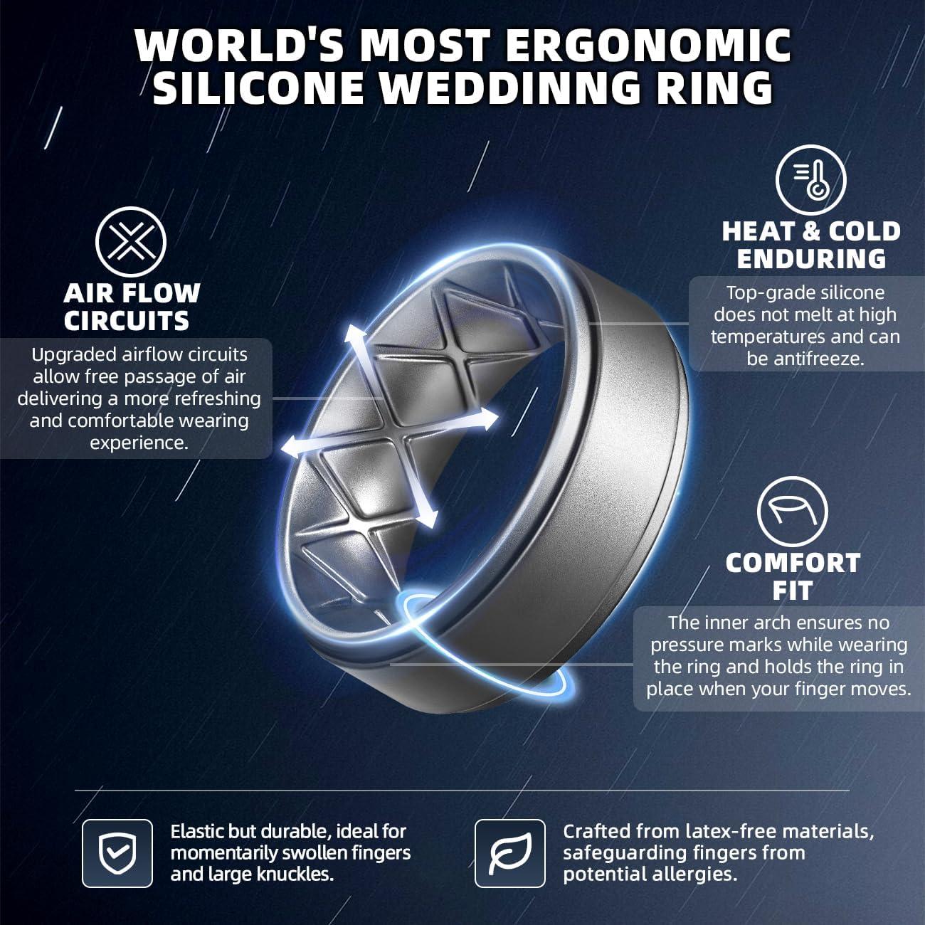 imageEgnaro Silicone Rings for Men 14567 Multipack of Breathable Mens Silicone Rubber Wedding Rings Bands Step EdgeSETBBlack Black Gray Gray Dark Silver Dark Silver Silver Silver