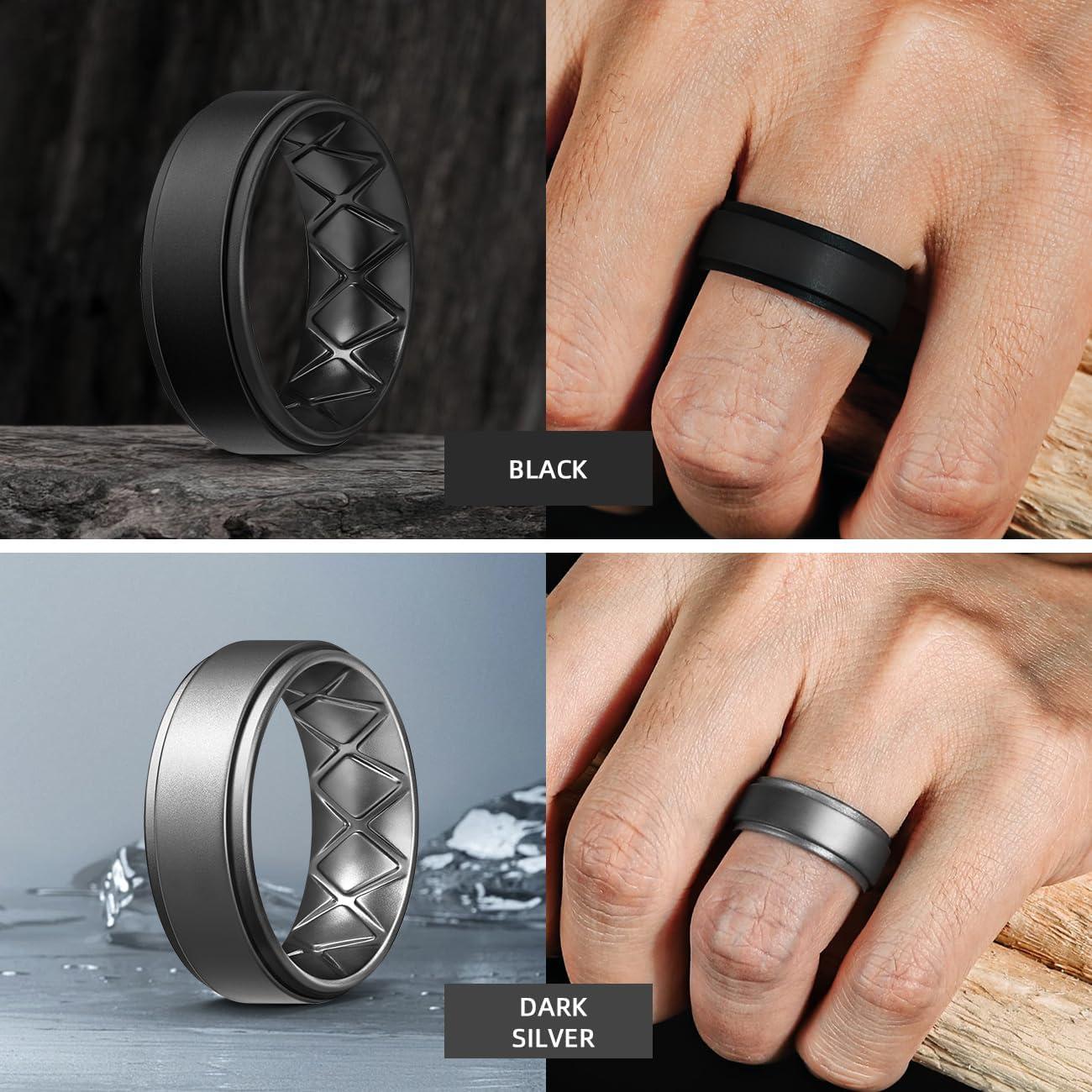 imageEgnaro Silicone Rings for Men 14567 Multipack of Breathable Mens Silicone Rubber Wedding Rings Bands Step EdgeSETBBlack Black Gray Gray Dark Silver Dark Silver Silver Silver
