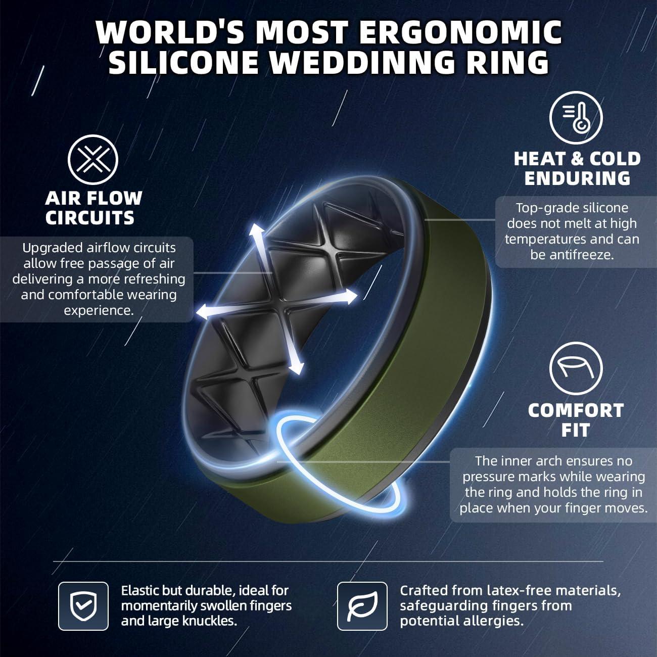 imageEgnaro Silicone Rings for Men 14567 Multipack of Breathable Mens Silicone Rubber Wedding Rings Bands Step EdgeSETD1Dark Foliage GreenBlack