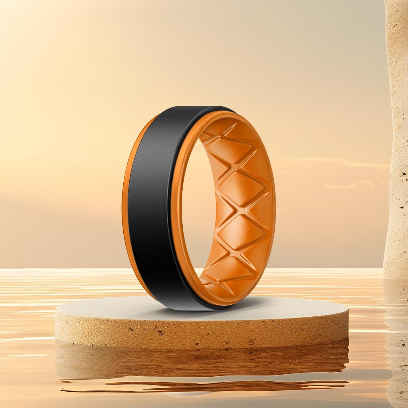 imageEgnaro Silicone Rings for Men 14567 Multipack of Breathable Mens Silicone Rubber Wedding Rings Bands Step EdgeSETEBlack Orange
