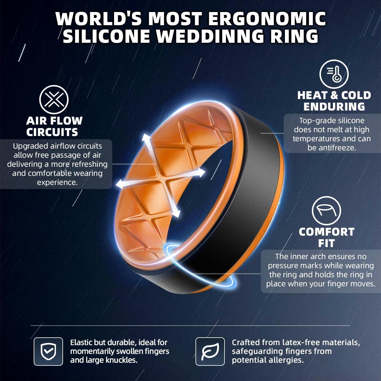 imageEgnaro Silicone Rings for Men 14567 Multipack of Breathable Mens Silicone Rubber Wedding Rings Bands Step EdgeSETEBlack Orange