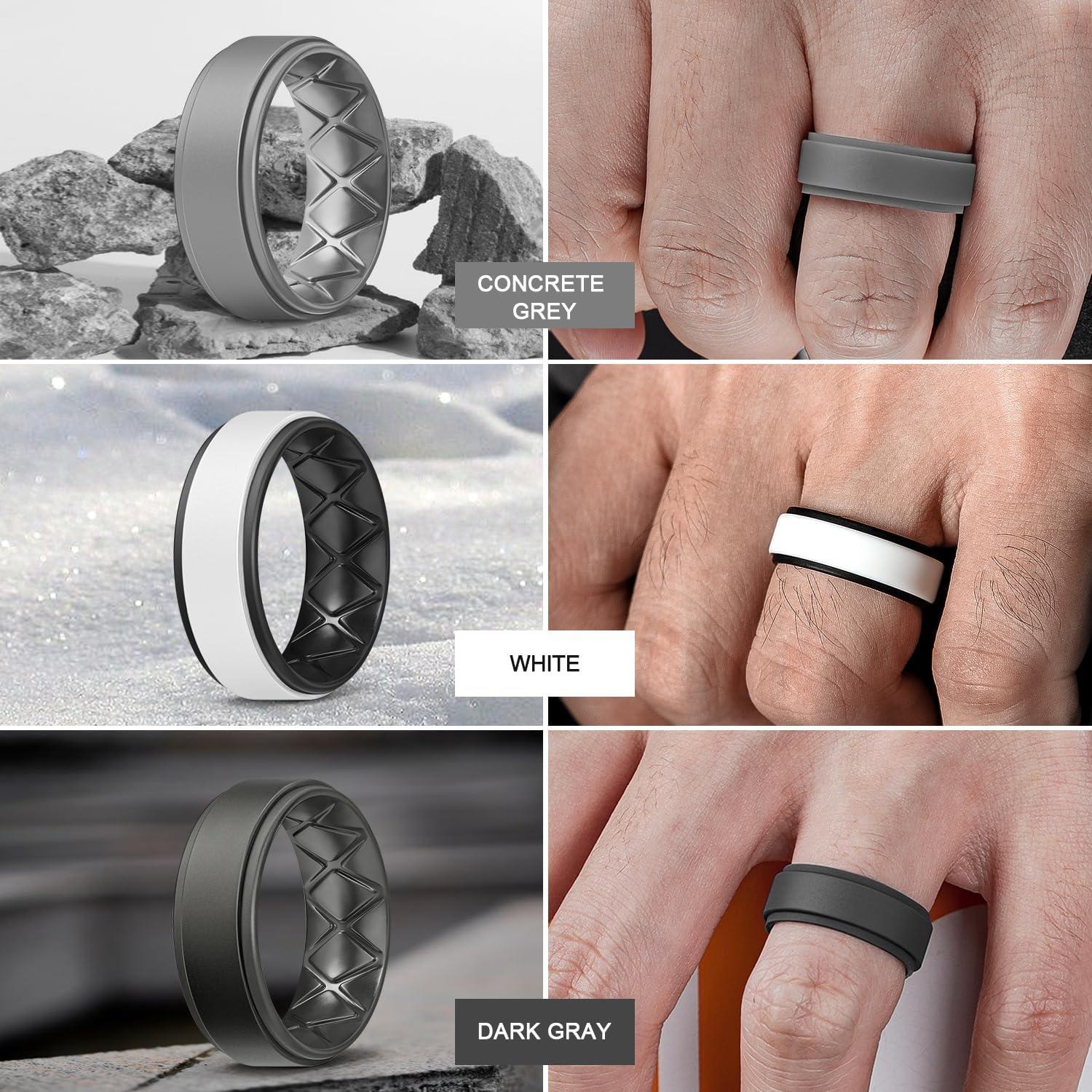 imageEgnaro Silicone Rings for Men 14567 Multipack of Breathable Mens Silicone Rubber Wedding Rings Bands Step EdgeSETF11Light Gray White Black Black Black Gray Twilight Blue Black Dark Blue Black Dark Blue Black