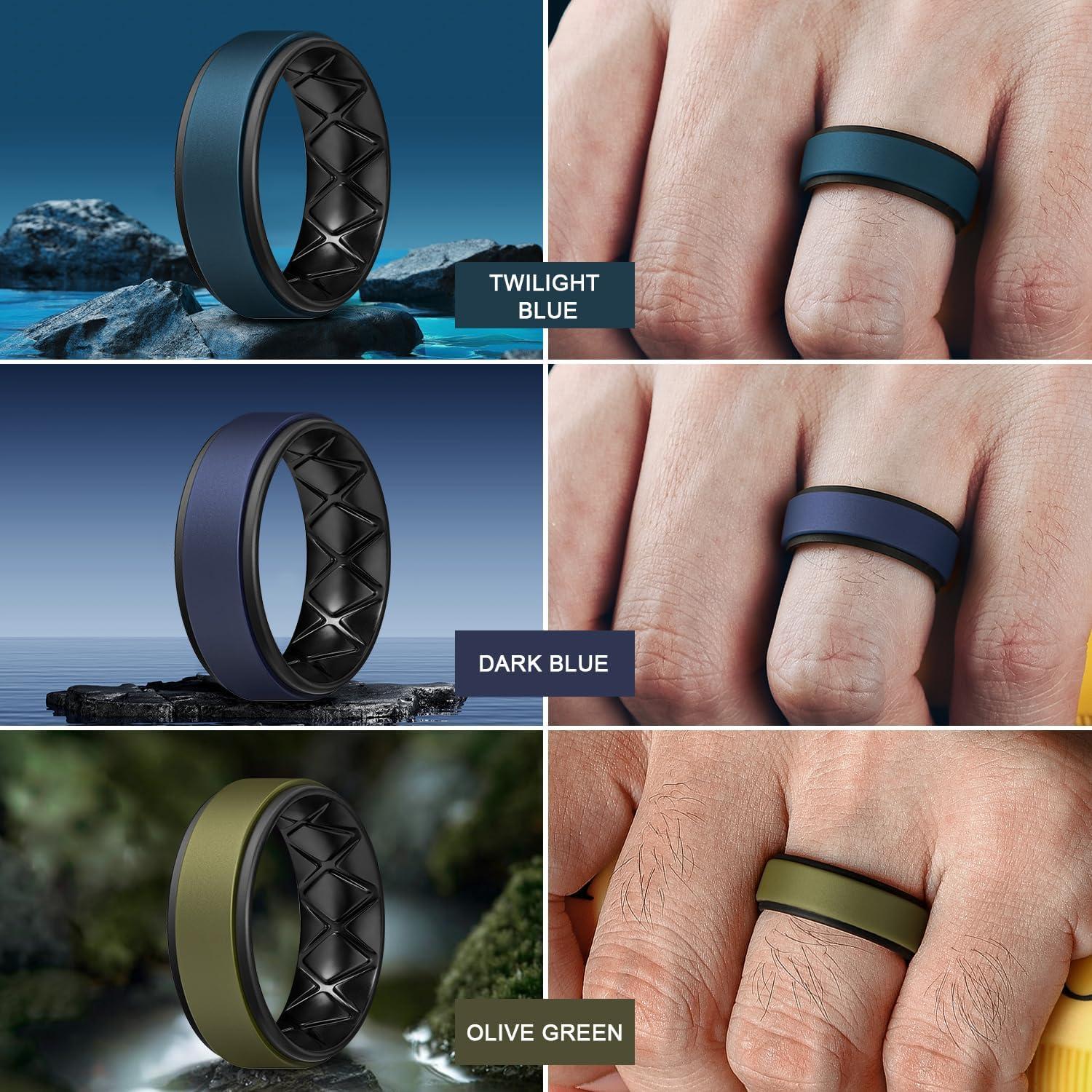 imageEgnaro Silicone Rings for Men 14567 Multipack of Breathable Mens Silicone Rubber Wedding Rings Bands Step EdgeSETF11Light Gray White Black Black Black Gray Twilight Blue Black Dark Blue Black Dark Blue Black