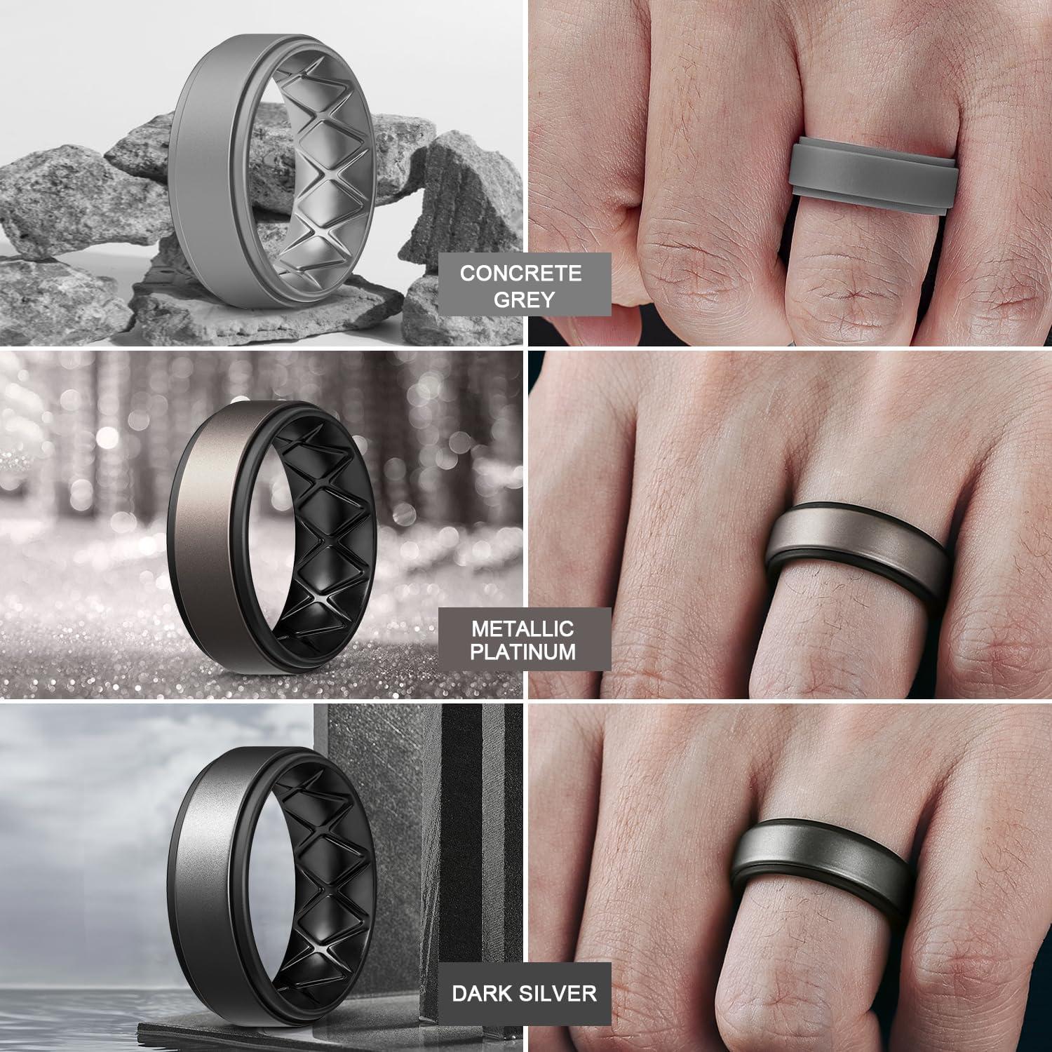 imageEgnaro Silicone Rings for Men 14567 Multipack of Breathable Mens Silicone Rubber Wedding Rings Bands Step EdgeSETF1Light Gray Metallic Platinum Black Metal Black Gray Black Black Black Gray Black Gray Camo Black Metallic Silver Black