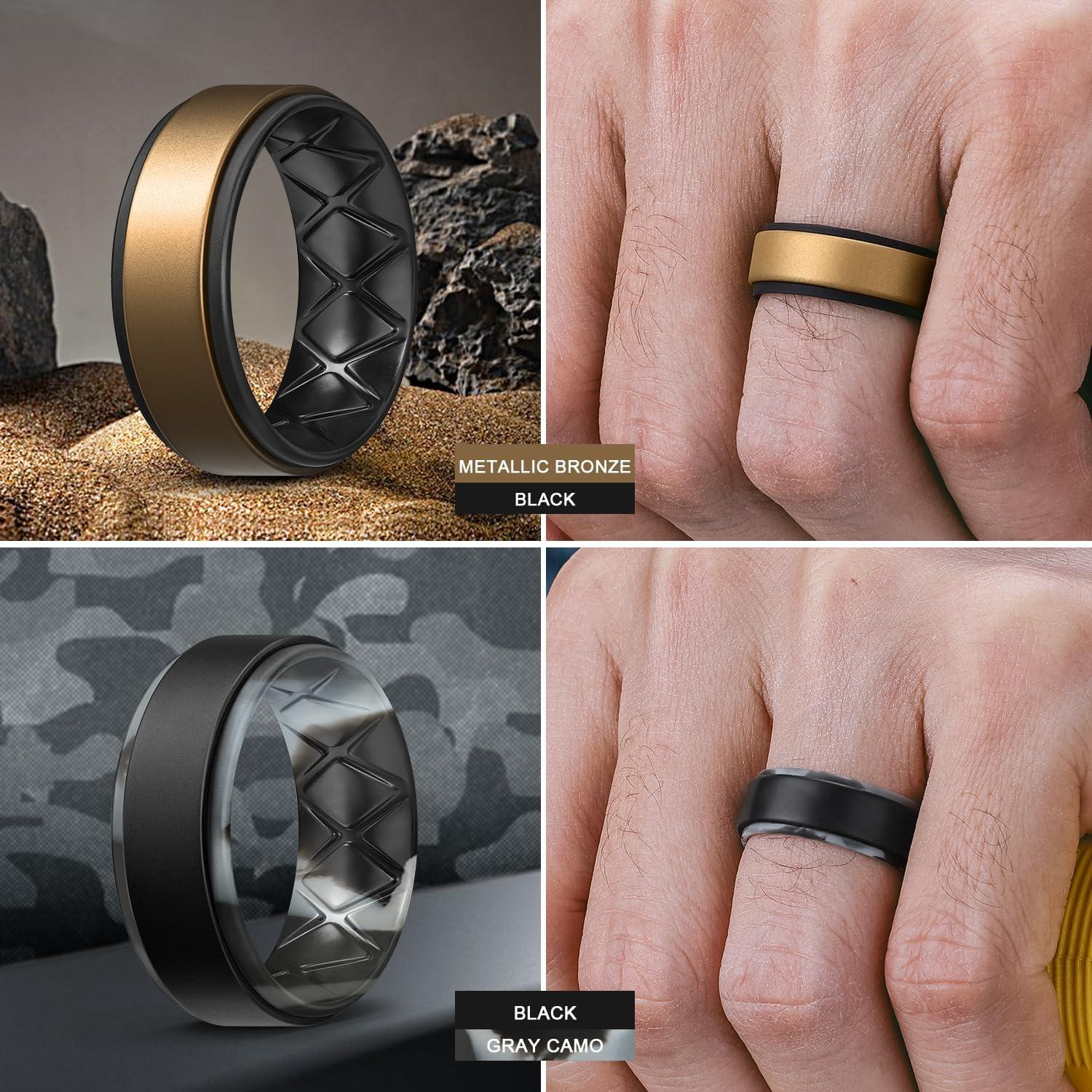 imageEgnaro Silicone Rings for Men 14567 Multipack of Breathable Mens Silicone Rubber Wedding Rings Bands Step EdgeSETF22Metallic Royal Blue Black Black Metallic Purple Black Metallic Bronze Black Black Gray Camo