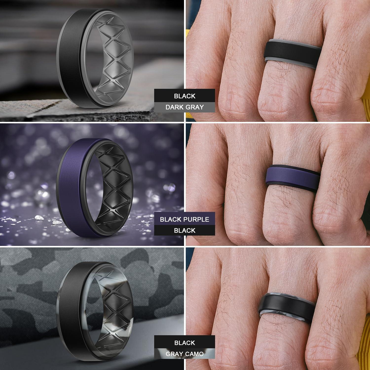 imageEgnaro Silicone Rings for Men 14567 Multipack of Breathable Mens Silicone Rubber Wedding Rings Bands Step EdgeSETF33Black Light Gray Pine Green Black Black Black Gray Chestnut Red Black Black Dark Gray Black Purple Black Black Gray Camo