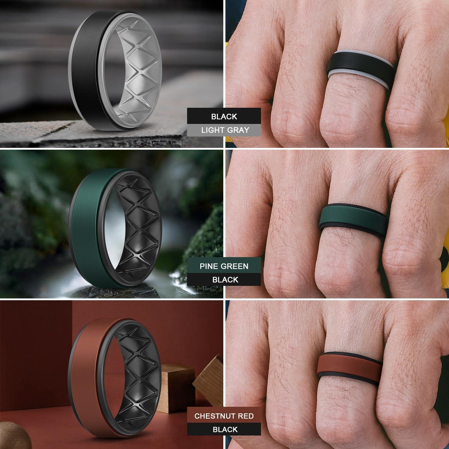 imageEgnaro Silicone Rings for Men 14567 Multipack of Breathable Mens Silicone Rubber Wedding Rings Bands Step EdgeSETF33Black Light Gray Pine Green Black Black Black Gray Chestnut Red Black Black Dark Gray Black Purple Black Black Gray Camo