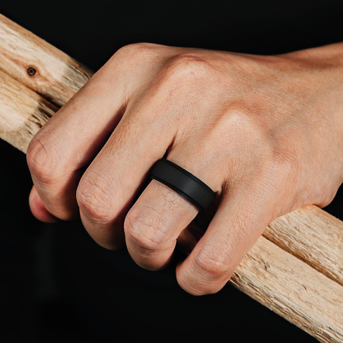 imageEgnaro Silicone Rings for Men 14567 Multipack of Breathable Mens Silicone Rubber Wedding Rings Bands Step EdgeSETF3All Black