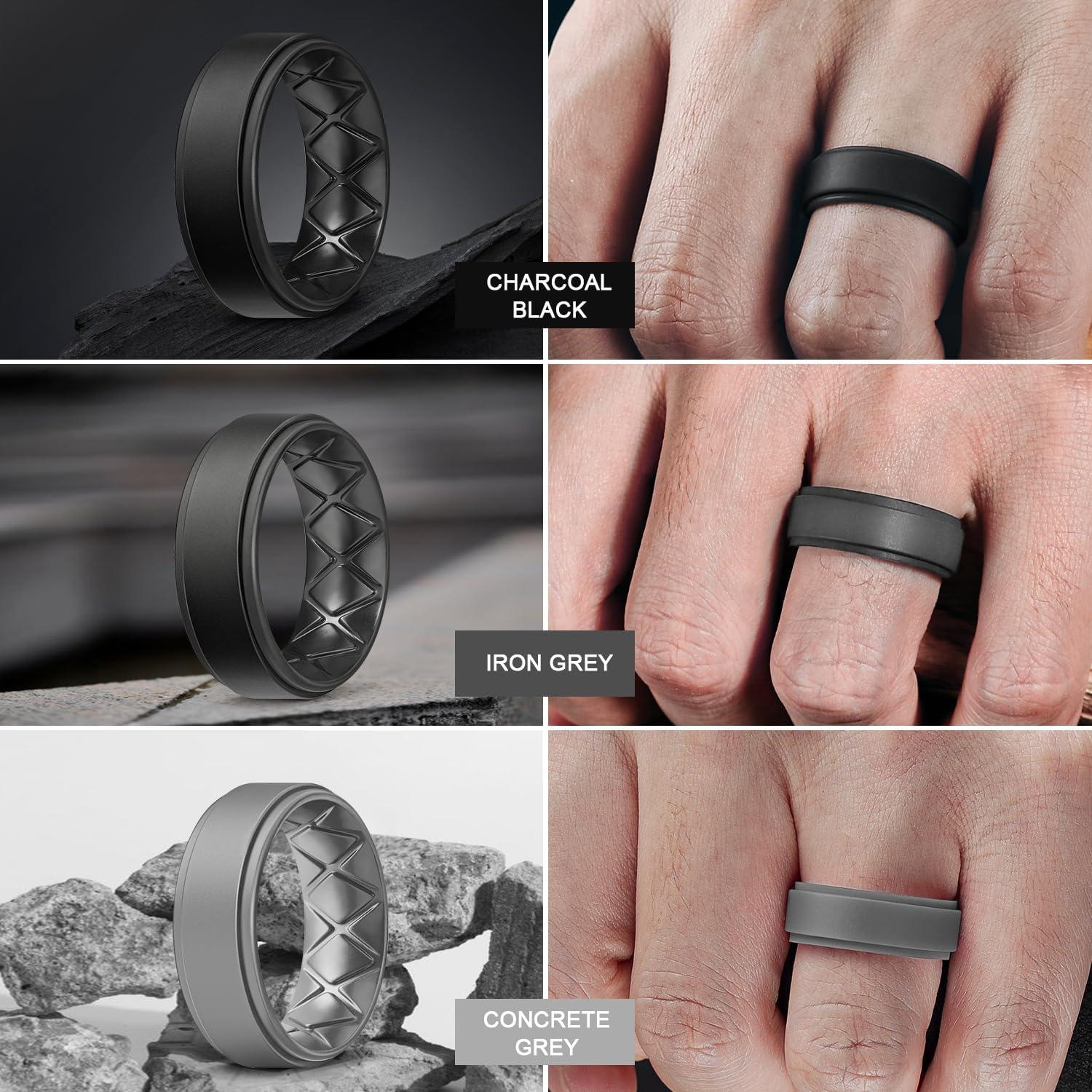 imageEgnaro Silicone Rings for Men 14567 Multipack of Breathable Mens Silicone Rubber Wedding Rings Bands Step EdgeSETF4Dark Blue Black Twilight Blue Black Red Black Light Gray Black Gray Black Gray Black