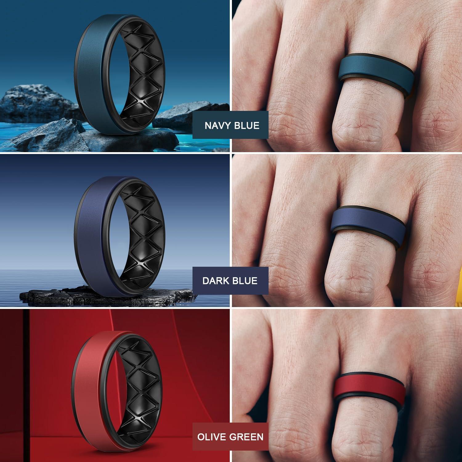 imageEgnaro Silicone Rings for Men 14567 Multipack of Breathable Mens Silicone Rubber Wedding Rings Bands Step EdgeSETF4Dark Blue Black Twilight Blue Black Red Black Light Gray Black Gray Black Gray Black