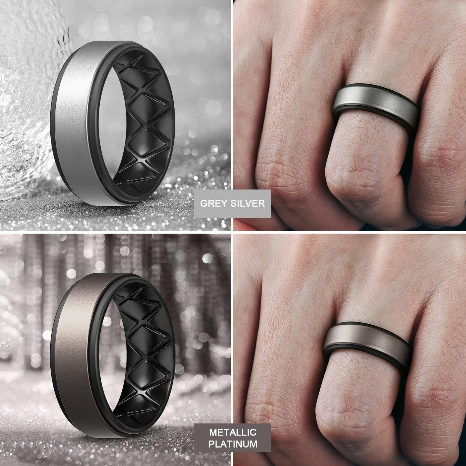 imageEgnaro Silicone Rings for Men 14567 Multipack of Breathable Mens Silicone Rubber Wedding Rings Bands Step EdgeSETF5Metallic Silver Black Metallic Platinum Black Black Gray Black Black