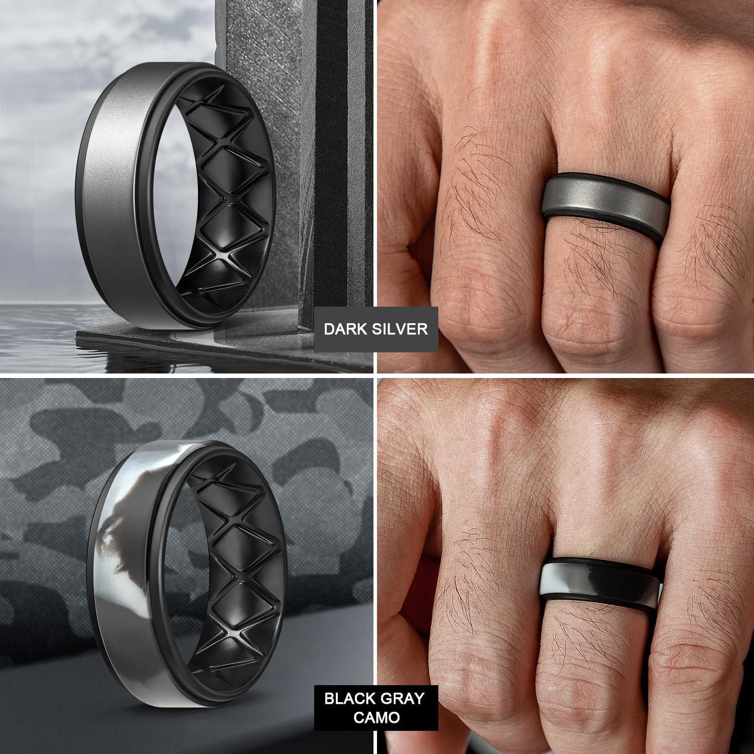imageEgnaro Silicone Rings for Men 14567 Multipack of Breathable Mens Silicone Rubber Wedding Rings Bands Step EdgeSETF6Black Black Gray Black Metallic Silver Black Black Gray Camo Black