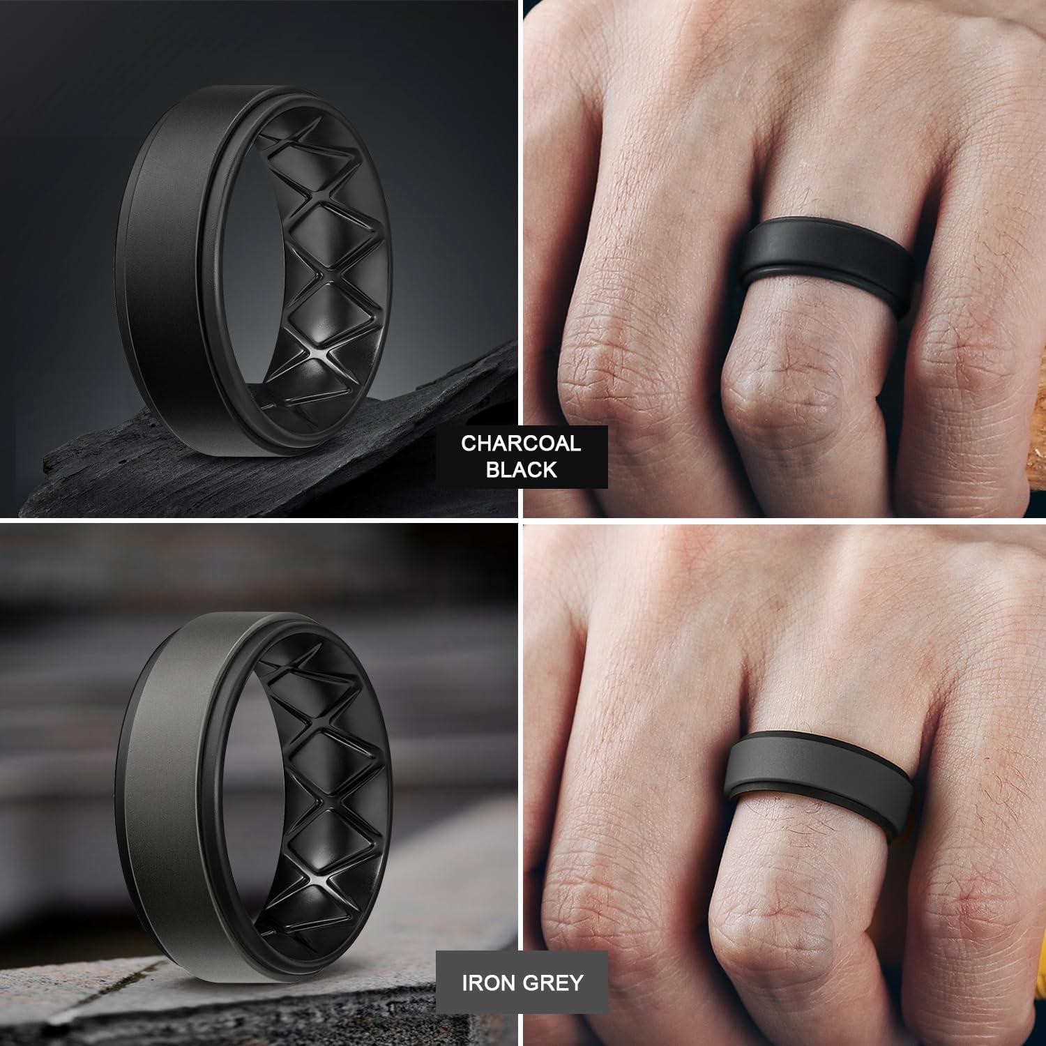 imageEgnaro Silicone Rings for Men 14567 Multipack of Breathable Mens Silicone Rubber Wedding Rings Bands Step EdgeSETF6Black Black Gray Black Metallic Silver Black Black Gray Camo Black