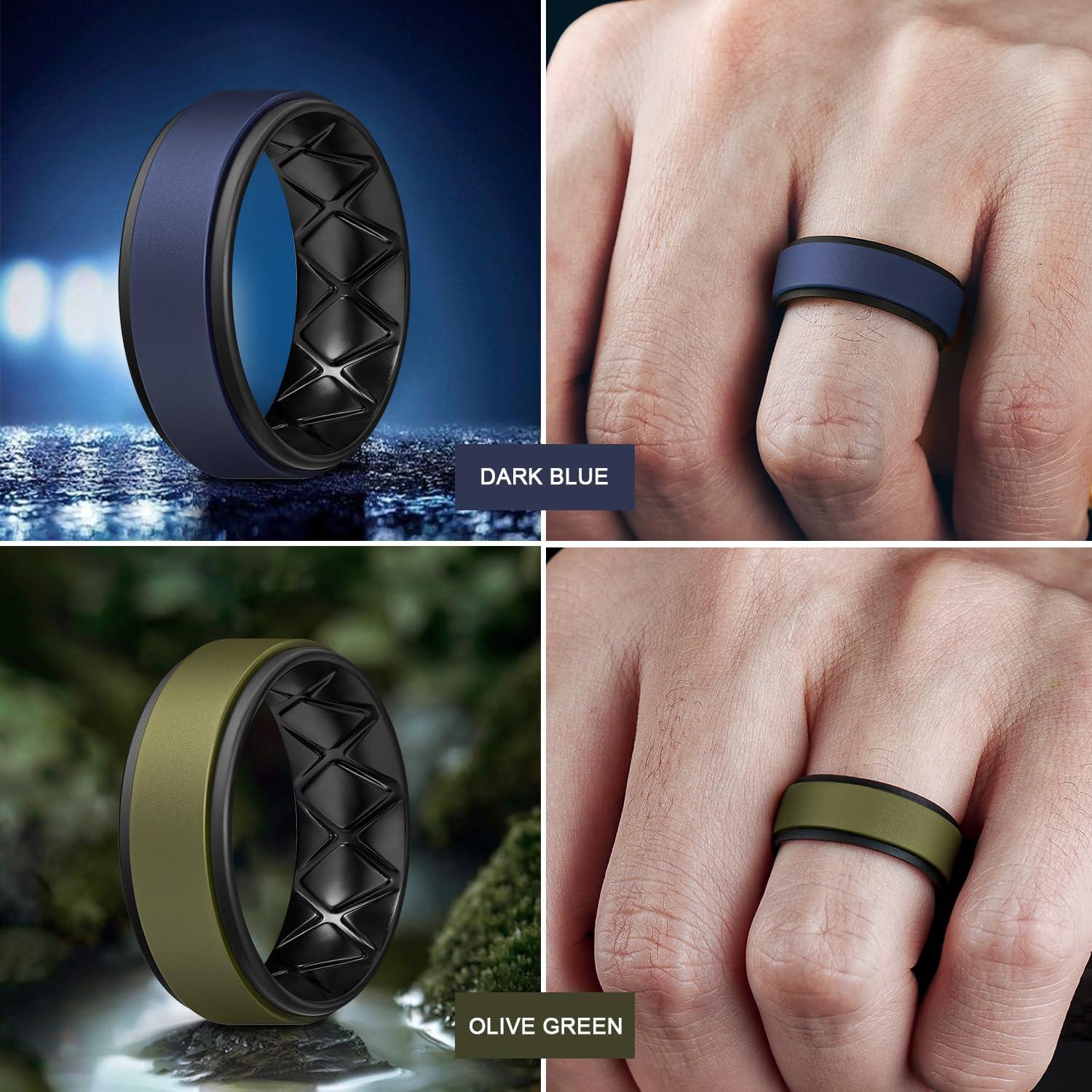 imageEgnaro Silicone Rings for Men 14567 Multipack of Breathable Mens Silicone Rubber Wedding Rings Bands Step EdgeSETF7Dark Blue Black Olive Green Black Black Gray Black
