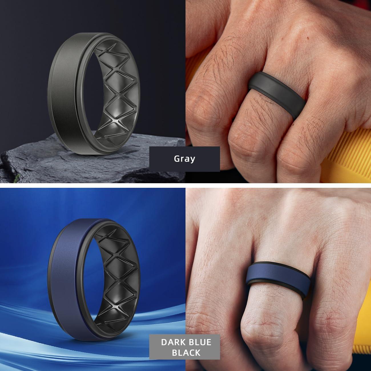 imageEgnaro Silicone Rings for Men 14567 Multipack of Breathable Mens Silicone Rubber Wedding Rings Bands Step EdgeSETFBlack Black Gray Gray Dark Blue Black Night Brown Black