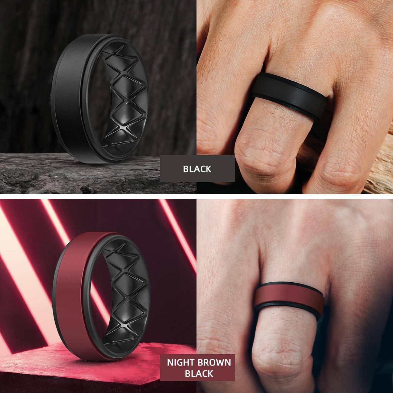imageEgnaro Silicone Rings for Men 14567 Multipack of Breathable Mens Silicone Rubber Wedding Rings Bands Step EdgeSETFBlack Black Gray Gray Dark Blue Black Night Brown Black