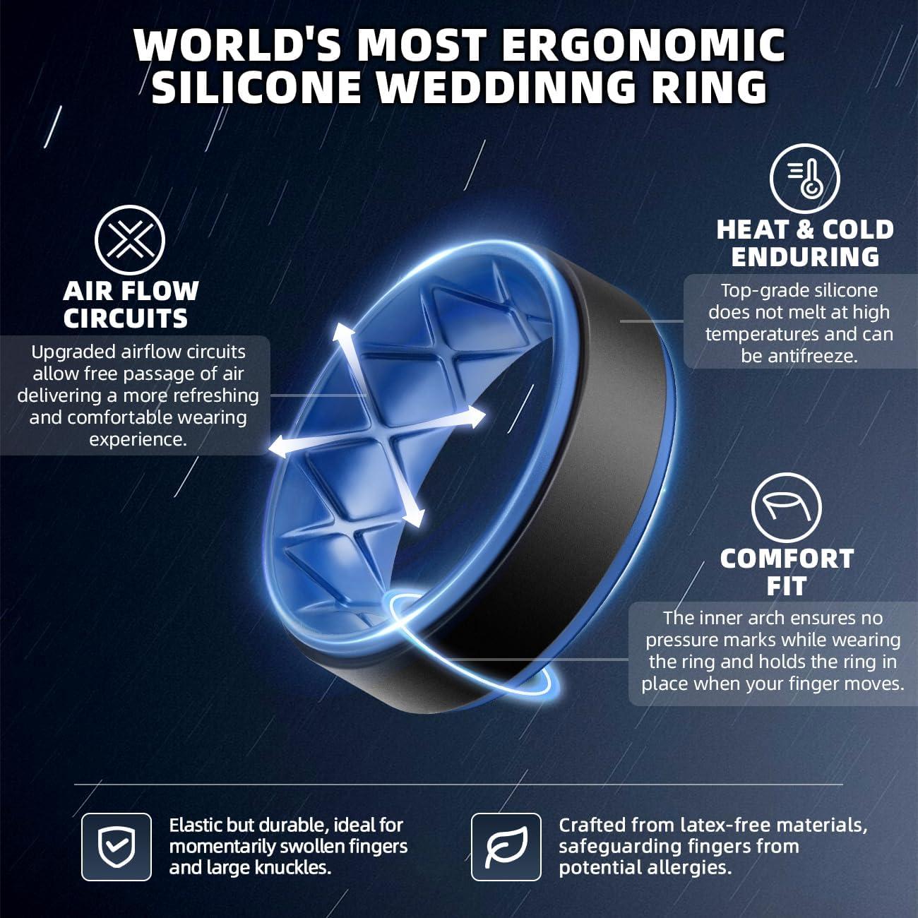 imageEgnaro Silicone Rings for Men 14567 Multipack of Breathable Mens Silicone Rubber Wedding Rings Bands Step EdgeSETGBlack Black Gray Gray Black Light Blue Black Yellow Green