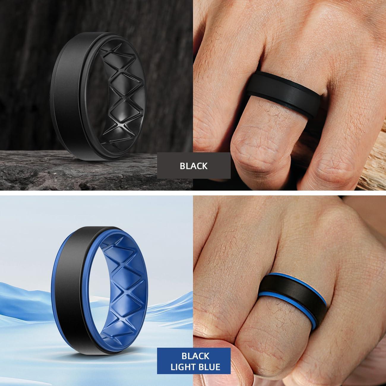 imageEgnaro Silicone Rings for Men 14567 Multipack of Breathable Mens Silicone Rubber Wedding Rings Bands Step EdgeSETGBlack Black Gray Gray Black Light Blue Black Yellow Green