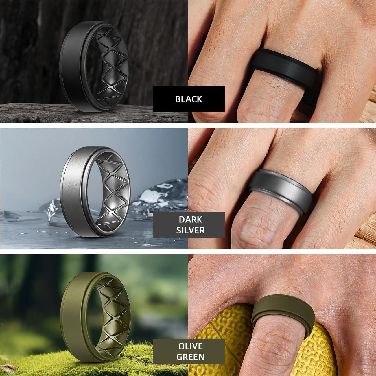 imageEgnaro Silicone Rings for Men 14567 Multipack of Breathable Mens Silicone Rubber Wedding Rings Bands Step EdgeSETHBlack Grey Dark Silver Silver Red Olive Green