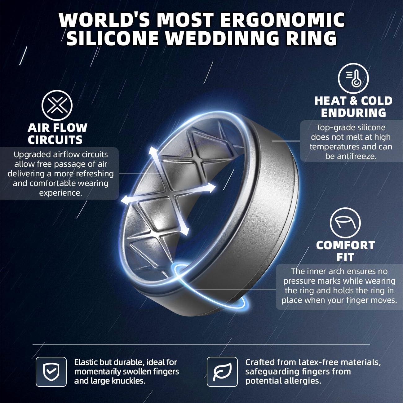 imageEgnaro Silicone Rings for Men 14567 Multipack of Breathable Mens Silicone Rubber Wedding Rings Bands Step EdgeSETHBlack Grey Dark Silver Silver Red Olive Green