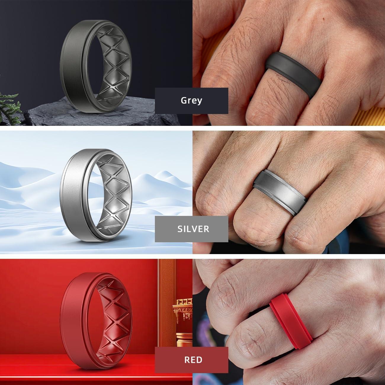imageEgnaro Silicone Rings for Men 14567 Multipack of Breathable Mens Silicone Rubber Wedding Rings Bands Step EdgeSETHBlack Grey Dark Silver Silver Red Olive Green