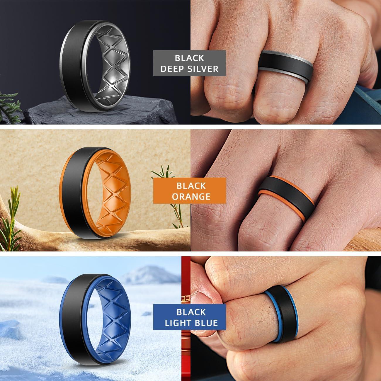 imageEgnaro Silicone Rings for Men 14567 Multipack of Breathable Mens Silicone Rubber Wedding Rings Bands Step EdgeSETIBlack Black Dark Blue Dark Blue Black Deep Silver Black Orange Black Light Blue Black Bronze