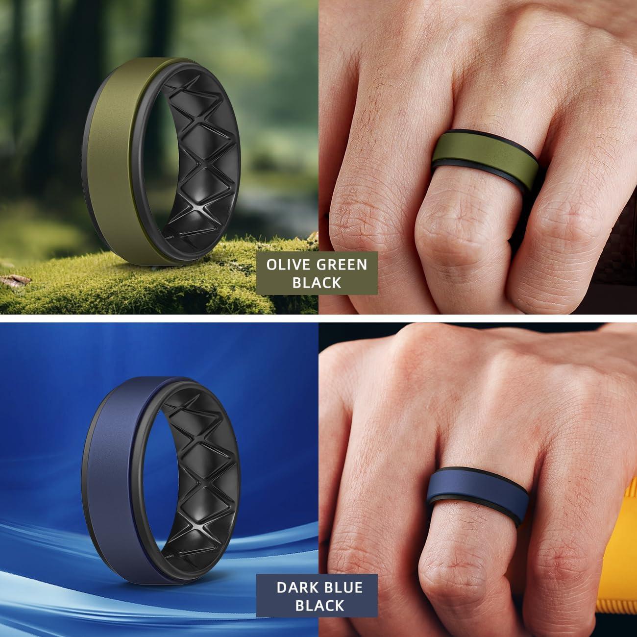 imageEgnaro Silicone Rings for Men 14567 Multipack of Breathable Mens Silicone Rubber Wedding Rings Bands Step EdgeSETJBlack Black Olive Green Black Dark Blue Black Night Brown Black
