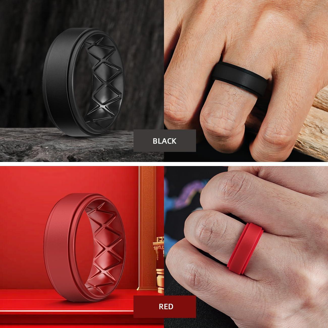 imageEgnaro Silicone Rings for Men 14567 Multipack of Breathable Mens Silicone Rubber Wedding Rings Bands Step EdgeSETKBlack Dark Blue Red Black Gray