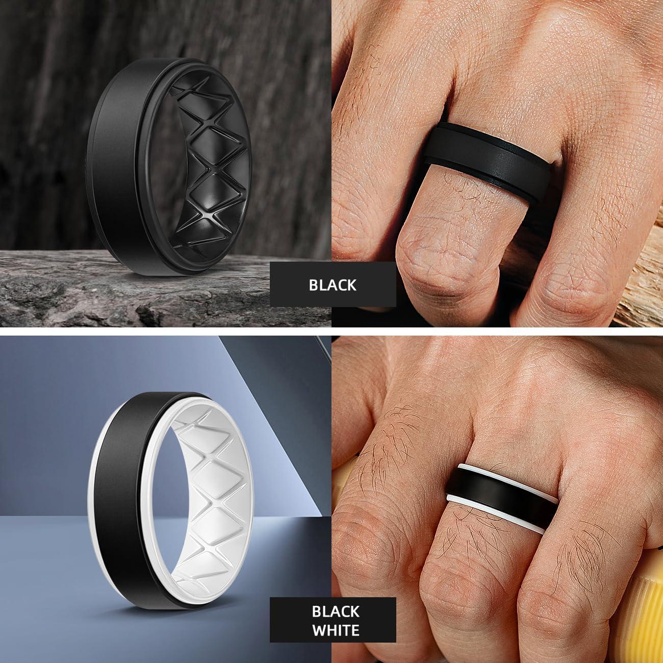 imageEgnaro Silicone Rings for Men 14567 Multipack of Breathable Mens Silicone Rubber Wedding Rings Bands Step EdgeSETMBlack Black Black White White Black Gold Gold