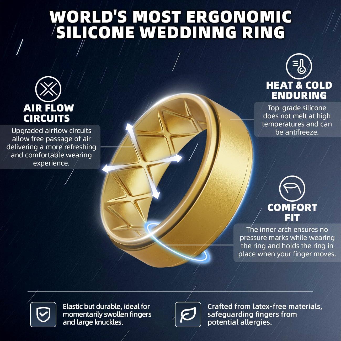 imageEgnaro Silicone Rings for Men 14567 Multipack of Breathable Mens Silicone Rubber Wedding Rings Bands Step EdgeSETMBlack Black Black White White Black Gold Gold