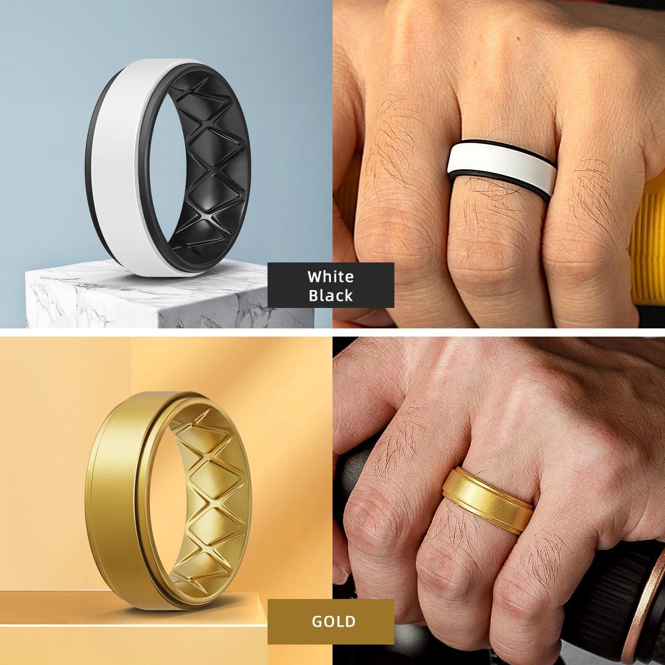 imageEgnaro Silicone Rings for Men 14567 Multipack of Breathable Mens Silicone Rubber Wedding Rings Bands Step EdgeSETMBlack Black Black White White Black Gold Gold