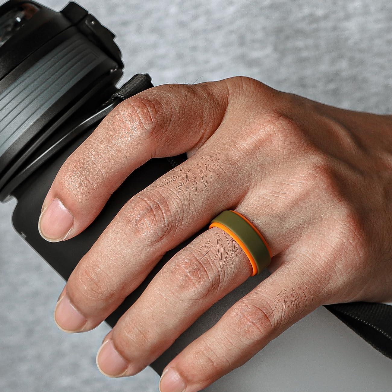 imageEgnaro Silicone Rings for Men 14567 Multipack of Breathable Mens Silicone Rubber Wedding Rings Bands Step EdgeSETNOlive Green Orange