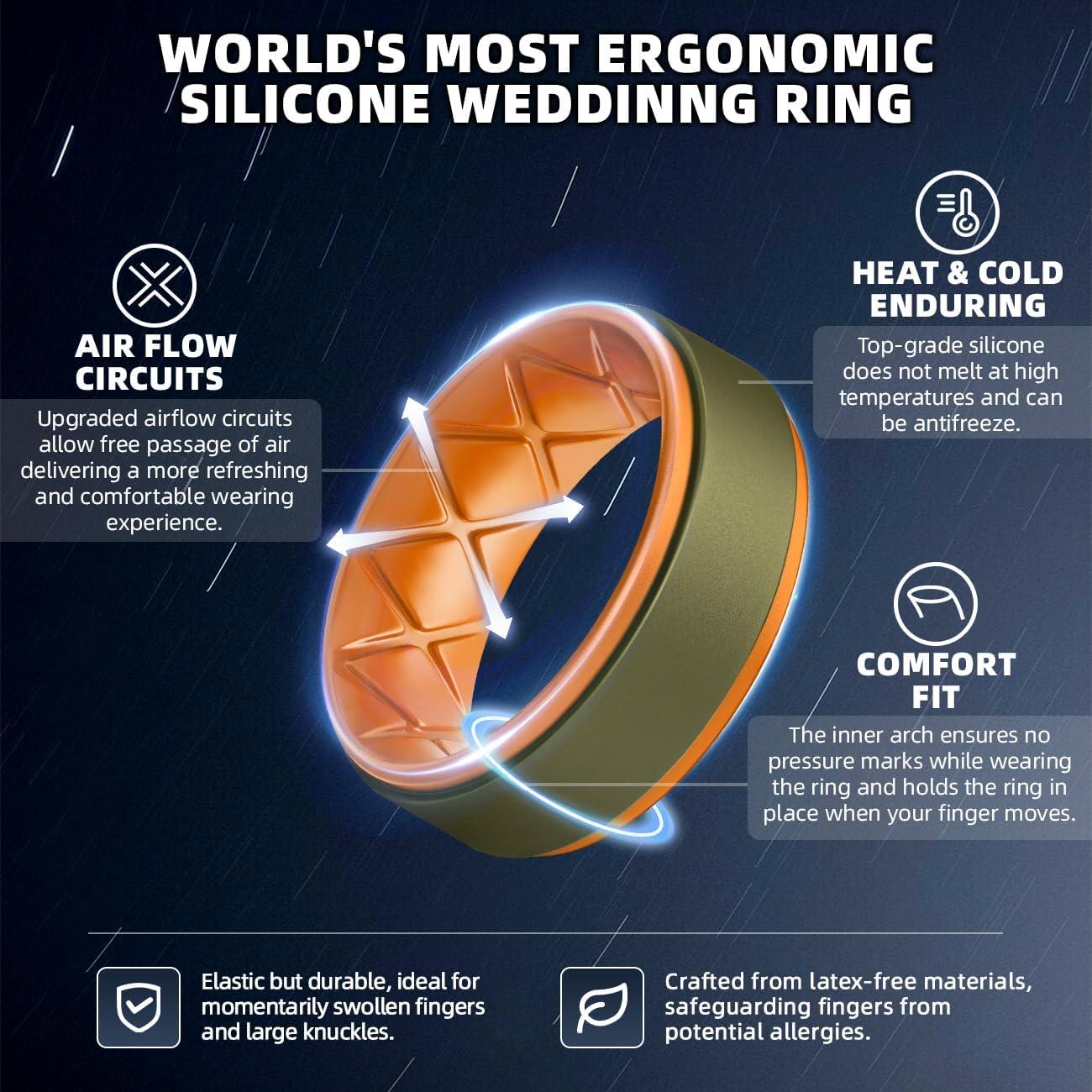 imageEgnaro Silicone Rings for Men 14567 Multipack of Breathable Mens Silicone Rubber Wedding Rings Bands Step EdgeSETNOlive Green Orange