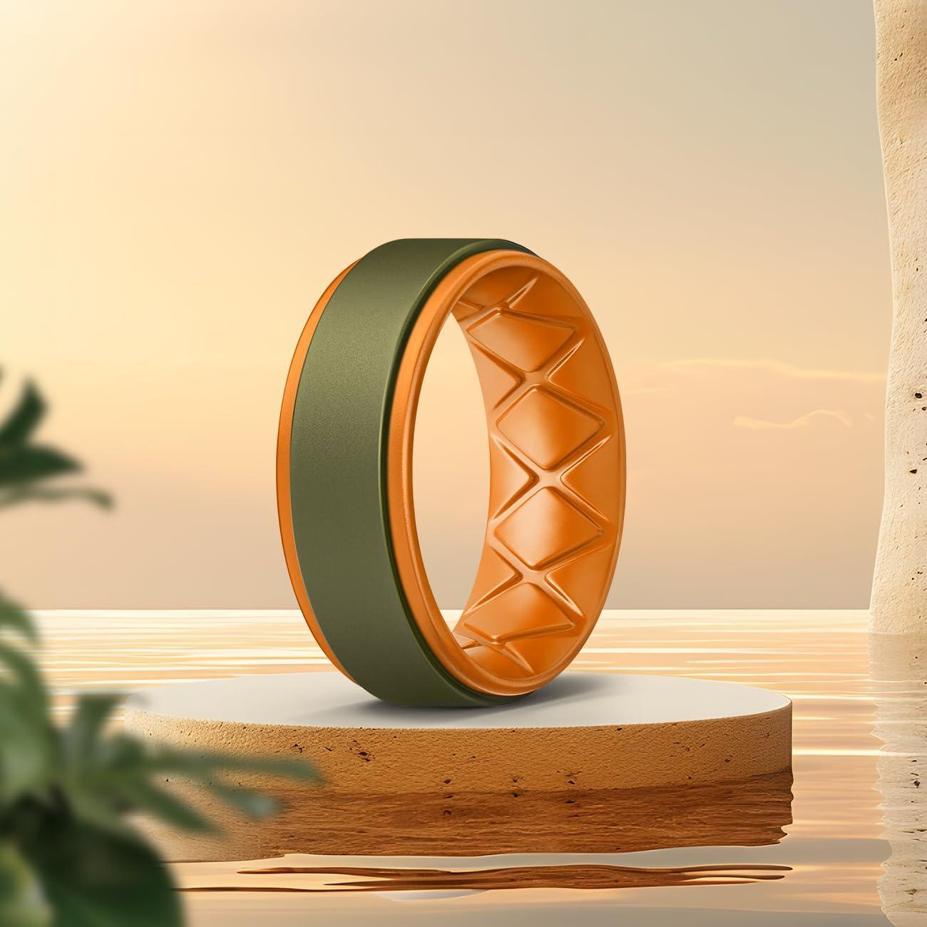 imageEgnaro Silicone Rings for Men 14567 Multipack of Breathable Mens Silicone Rubber Wedding Rings Bands Step EdgeSETNOlive Green Orange