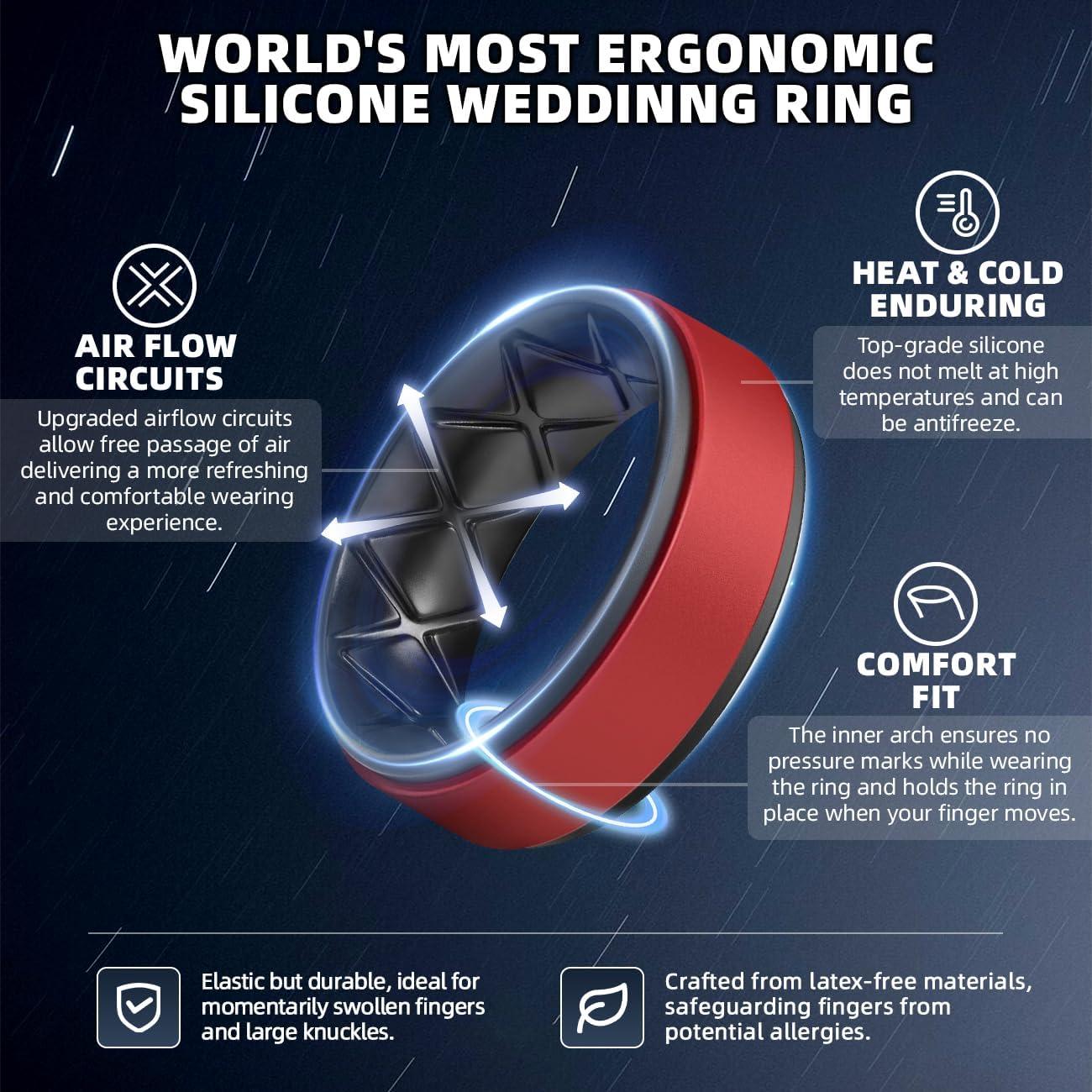 imageEgnaro Silicone Rings for Men 14567 Multipack of Breathable Mens Silicone Rubber Wedding Rings Bands Step EdgeSETPRed Black Orange Black Light Blue Black Black Gray Black