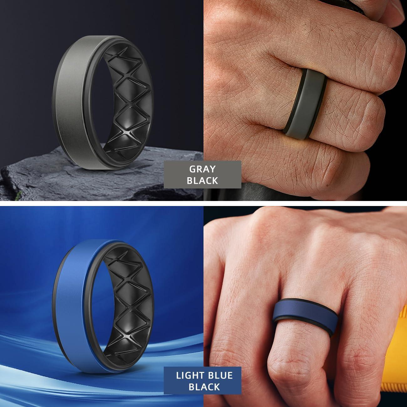 imageEgnaro Silicone Rings for Men 14567 Multipack of Breathable Mens Silicone Rubber Wedding Rings Bands Step EdgeSETPRed Black Orange Black Light Blue Black Black Gray Black