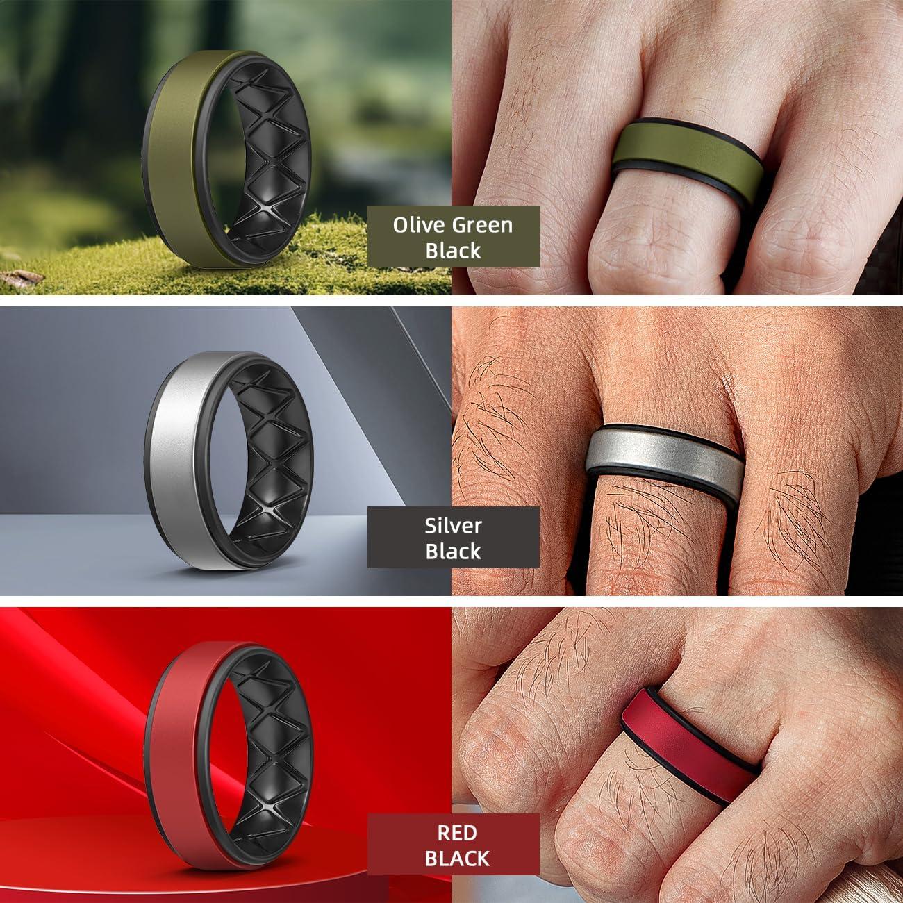 imageEgnaro Silicone Rings for Men 14567 Multipack of Breathable Mens Silicone Rubber Wedding Rings Bands Step EdgeSETQOlive Green Black Silver Black Red Black White Black Black Gray Black Dark Silver Black Black Black