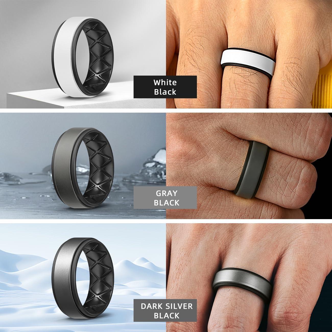 imageEgnaro Silicone Rings for Men 14567 Multipack of Breathable Mens Silicone Rubber Wedding Rings Bands Step EdgeSETQOlive Green Black Silver Black Red Black White Black Black Gray Black Dark Silver Black Black Black