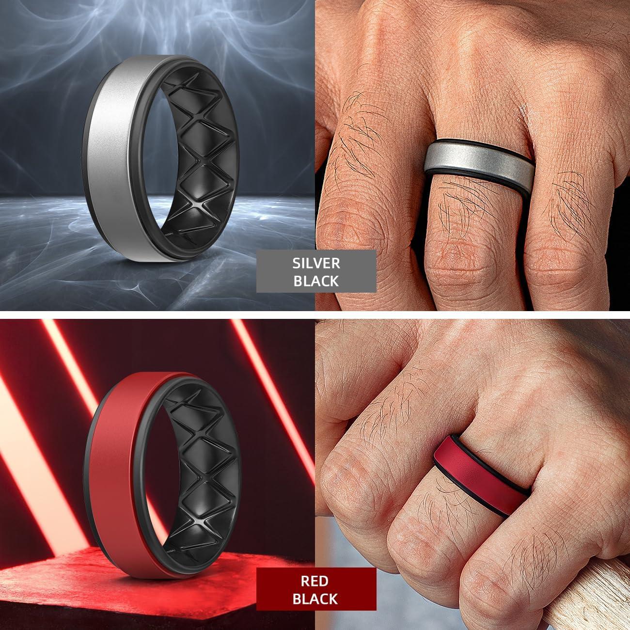 imageEgnaro Silicone Rings for Men 14567 Multipack of Breathable Mens Silicone Rubber Wedding Rings Bands Step EdgeSETSOlive Green Black White Black Silver Black Red Black