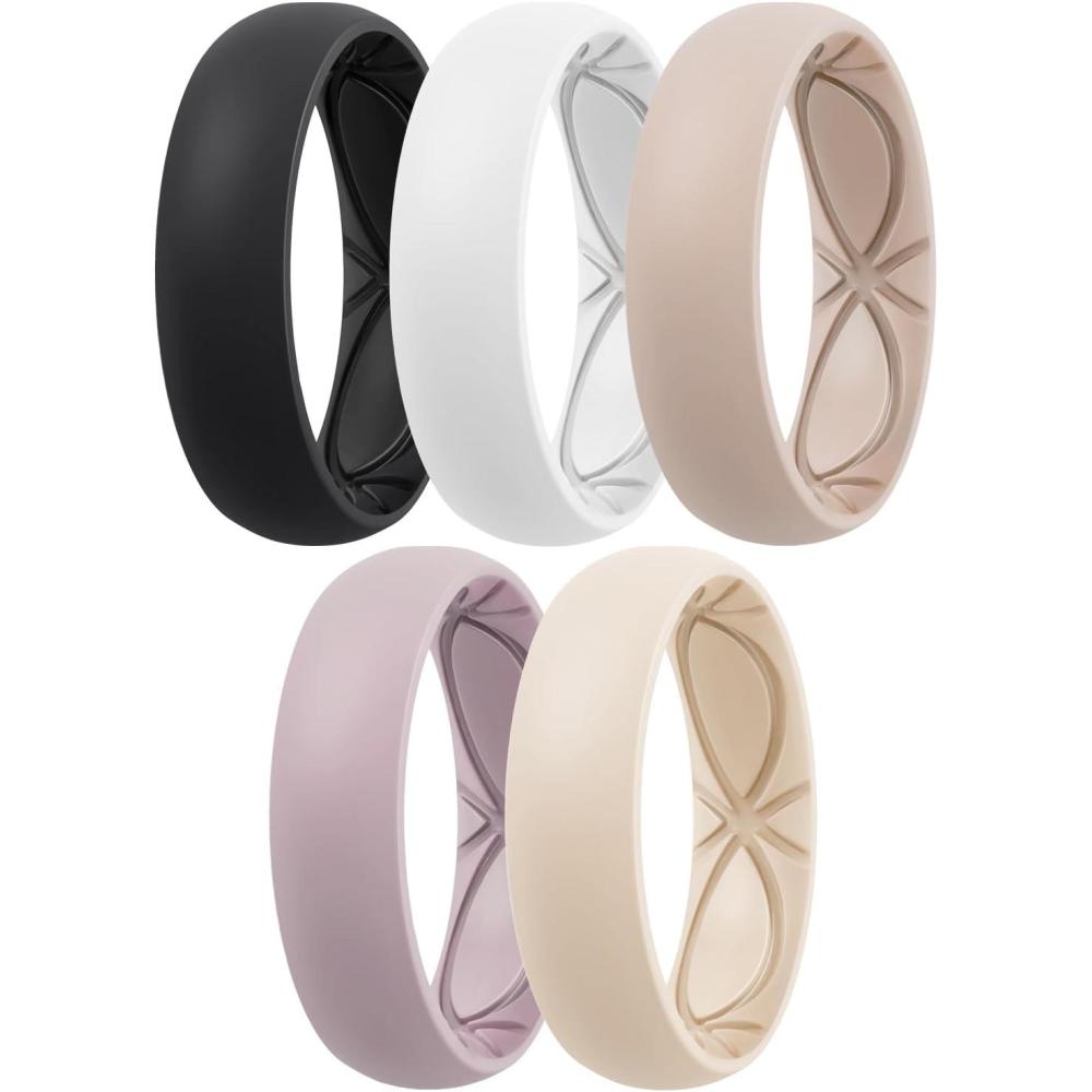 imageEgnaro 458 Variety Multipack Ergonomic Breathable Anniversary Rings 6mm Wide 2mm Thick Rubber Wedding bands women silicone Rings Women with Half SizeSETA3White Nude Peachy Pink Dark Nude Black
