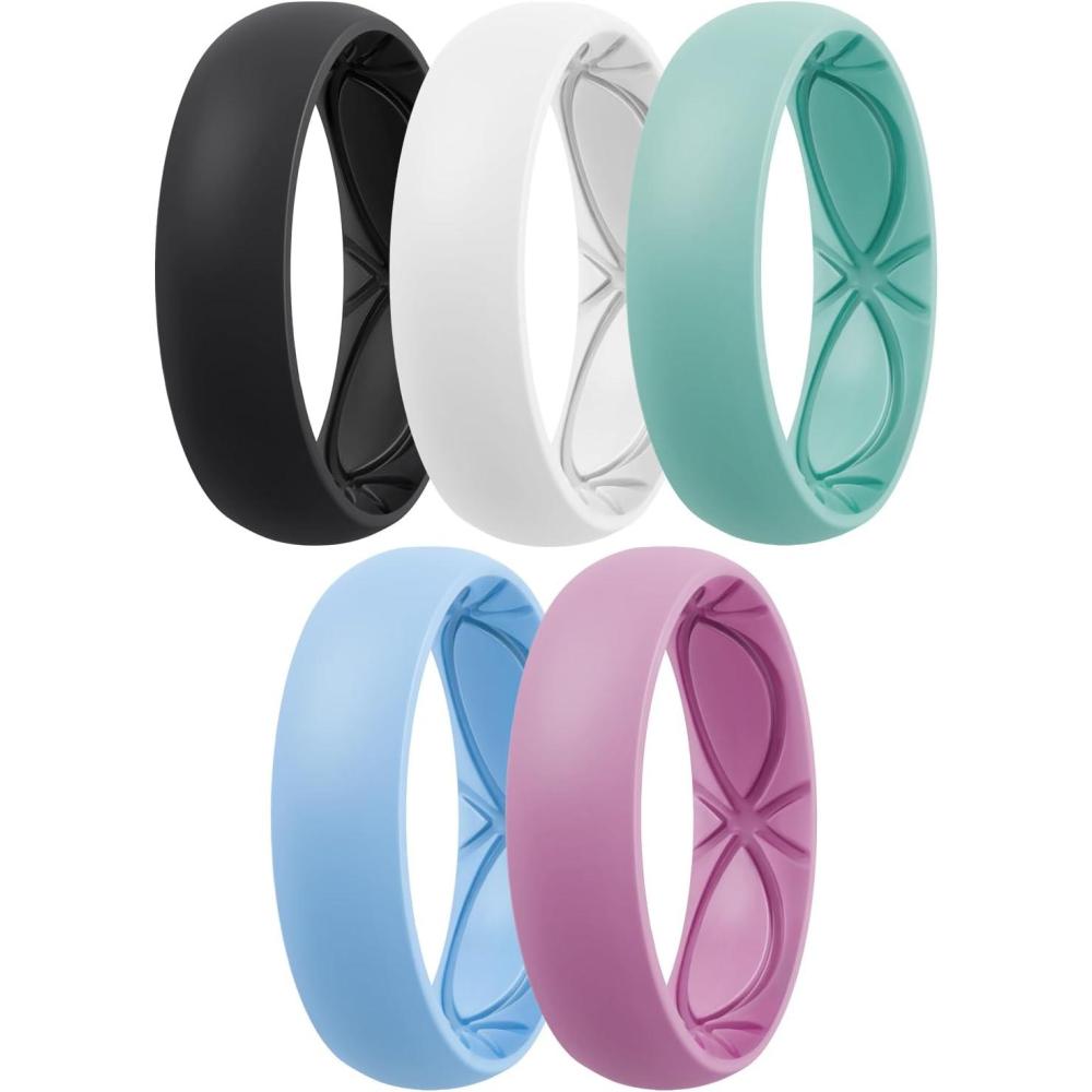 imageEgnaro 458 Variety Multipack Ergonomic Breathable Anniversary Rings 6mm Wide 2mm Thick Rubber Wedding bands women silicone Rings Women with Half SizeSETB1White Blue Pinkpurple Pale cyan Black