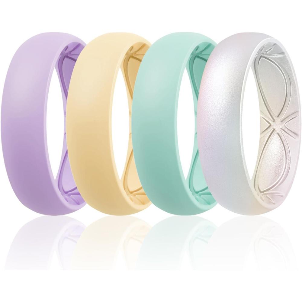 imageEgnaro 458 Variety Multipack Ergonomic Breathable Anniversary Rings 6mm Wide  2mm Thick Rubber Wedding bands women silicone Rings Women with Half SizeSETILilac Purple Sunlight Yellow Teal Metallic Pearl White