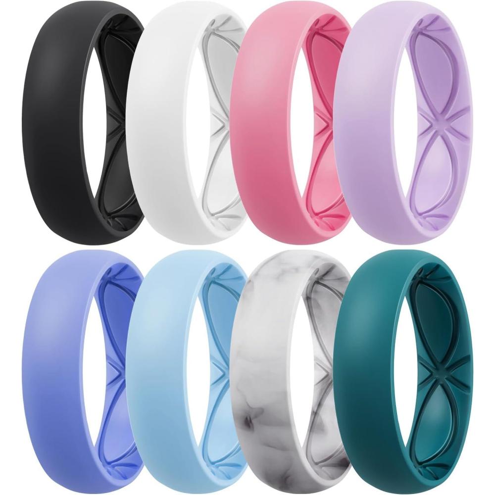 imageEgnaro 458 Variety Multipack Ergonomic Breathable Anniversary Rings 6mm Wide 2mm Thick Rubber Wedding bands women silicone Rings Women with Half SizeSETA2White Marble Peach pink Lilac Purple Sky blue Light purpleblue Emerald green Black